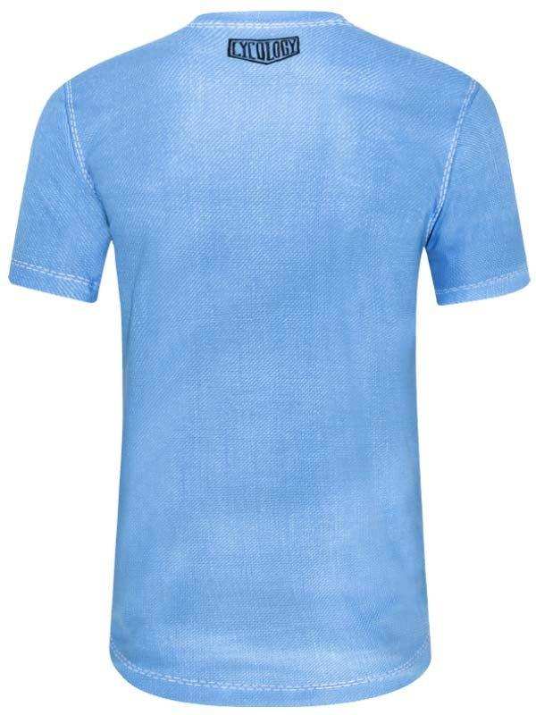 Light blue cycling t-shirt with subtle texture and brand logo on back, ideal for men's or women's bike wear