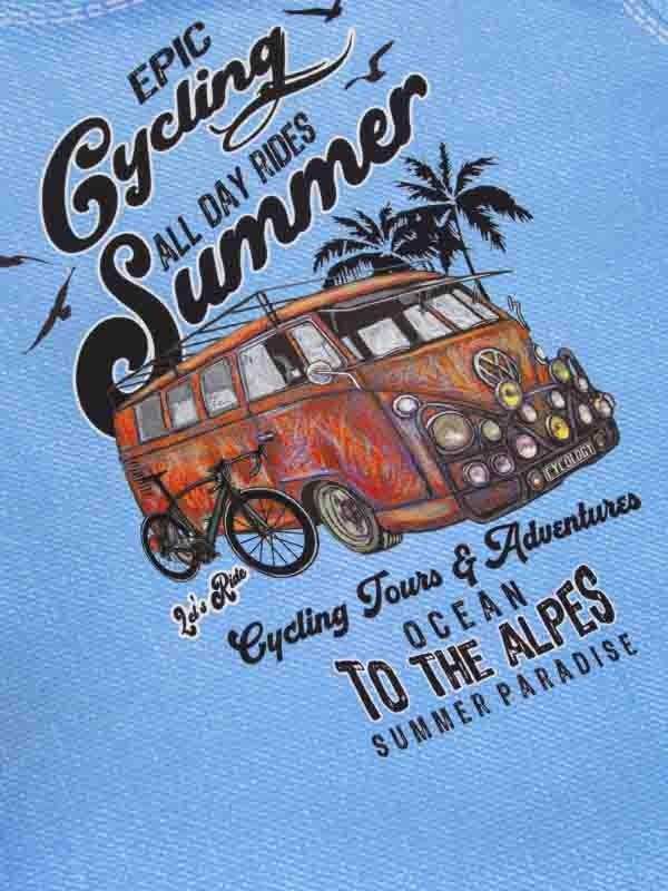 Blue cycling jersey with vintage van, bike, palm trees, and 'Epic Summer Rides' graphic design