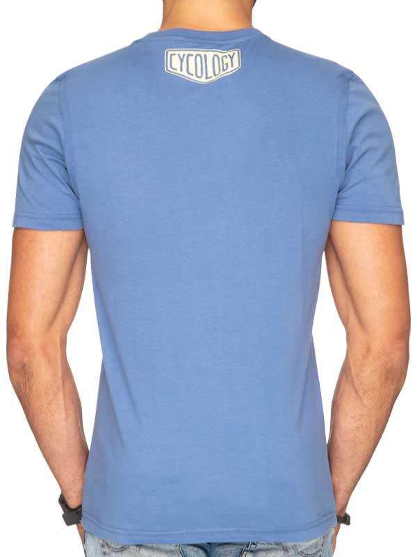 Men's blue cycling t-shirt with Cycology logo on back, casual fit for active wear