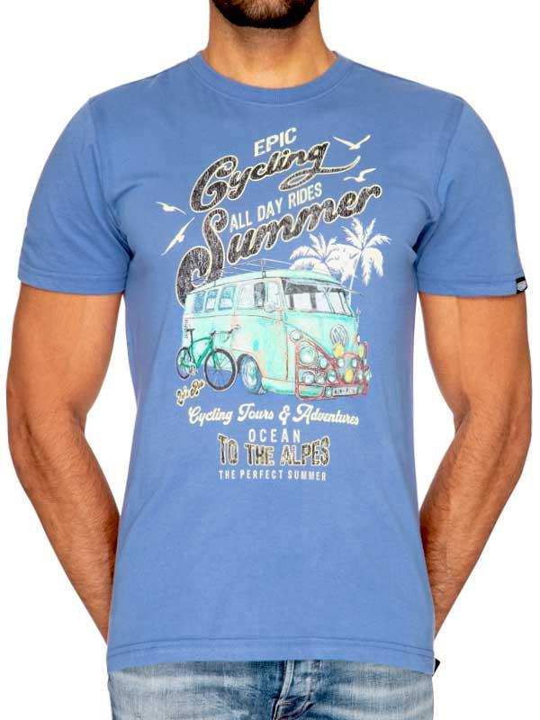 Blue men's cycling t-shirt with vintage van, palm trees, and 'Epic Summer' graphic design