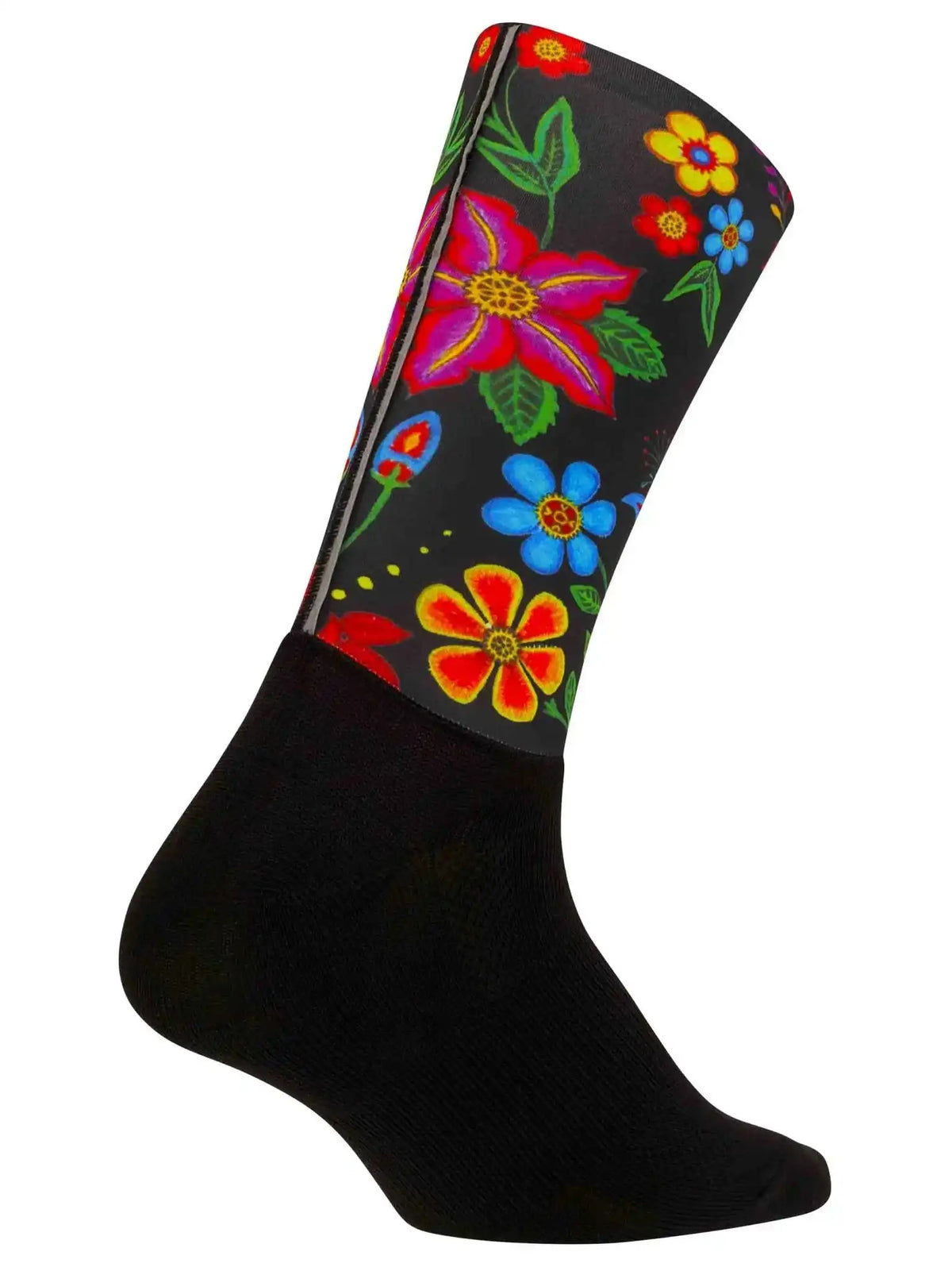 Black cycling sock with vibrant floral print, colorful flowers and green leaves on dark background