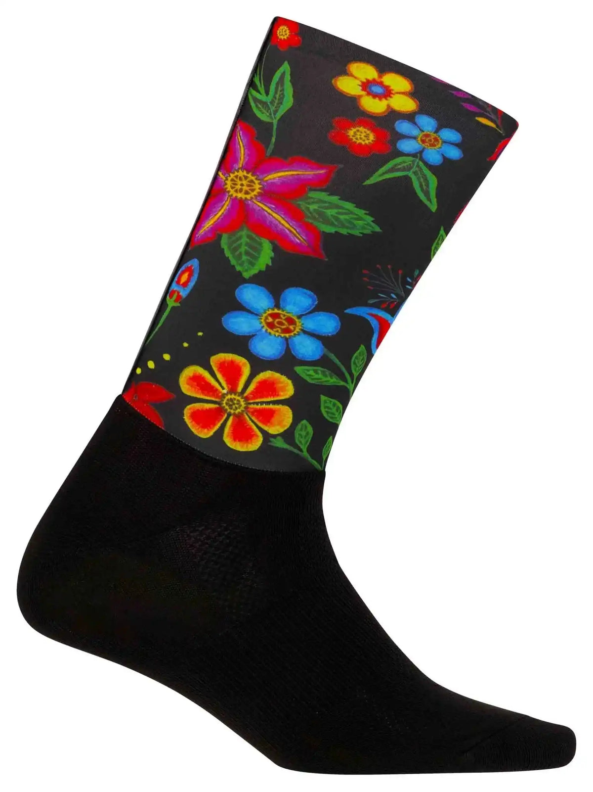 Black cycling sock with vibrant floral print, colorful flowers and green leaves on leg portion