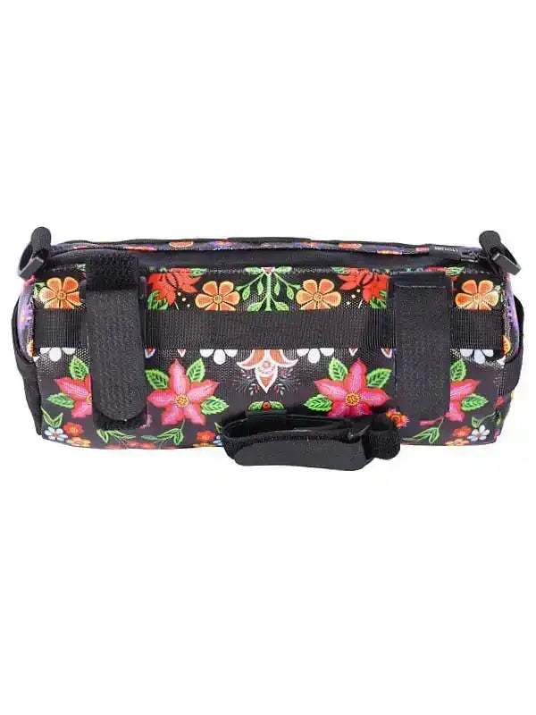 Floral patterned cycling frame bag with black straps for bike storage