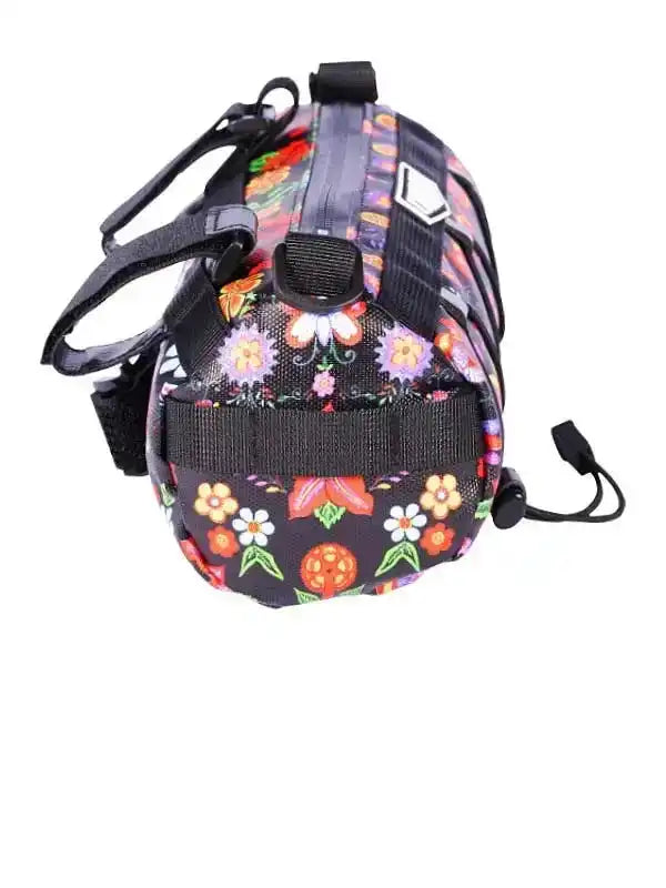 Floral pattern cycling saddle bag with black straps and zipper, designed for bike seat storage