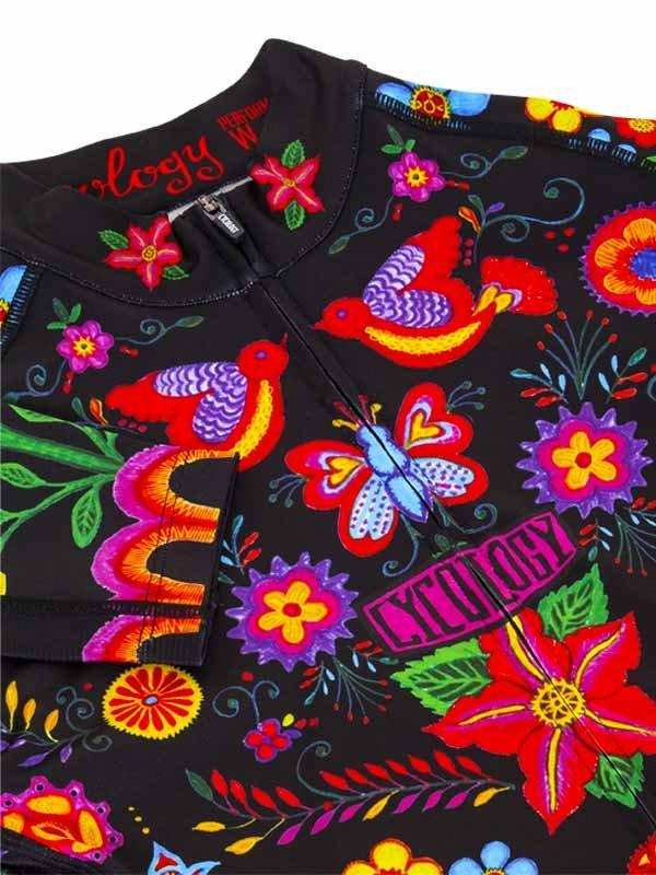 Vibrant floral and bird print cycling jersey with colorful embroidery details