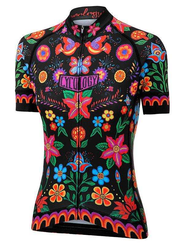 Vibrant floral women's cycling jersey with colorful flowers and butterflies on black background