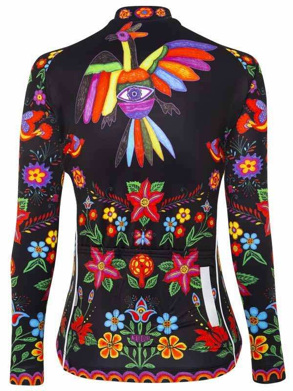 Vibrant floral and bird print women's cycling jersey with colorful long sleeves and back pocket