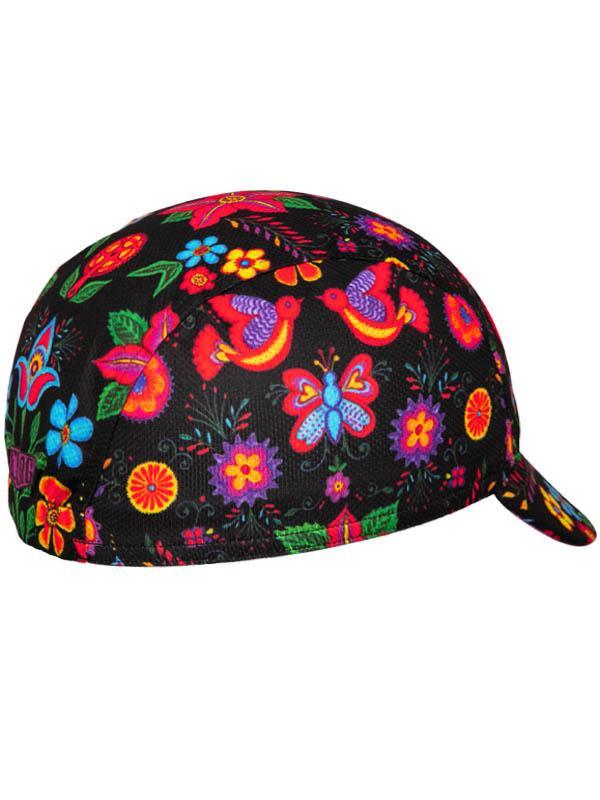 Colorful floral and bird pattern cycling cap on black background