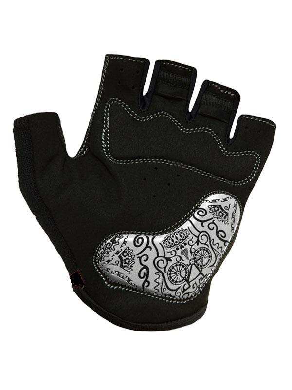 Black fingerless cycling glove with silver skull and bike print palm, breathable fabric, padded grip