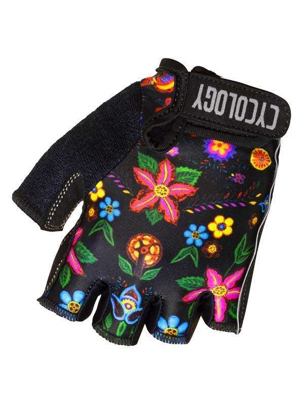 Colorful floral cycling gloves with black base, fingerless design, and brand logo on wrist