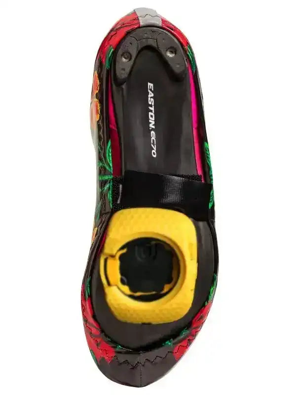 Easton EC70 cycling shoe sole with colorful floral pattern and yellow cleat interface