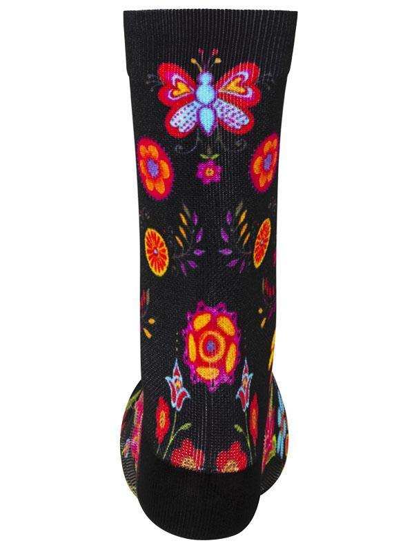Black cycling sock with colorful floral and butterfly pattern, ideal for men's and women's bike rides
