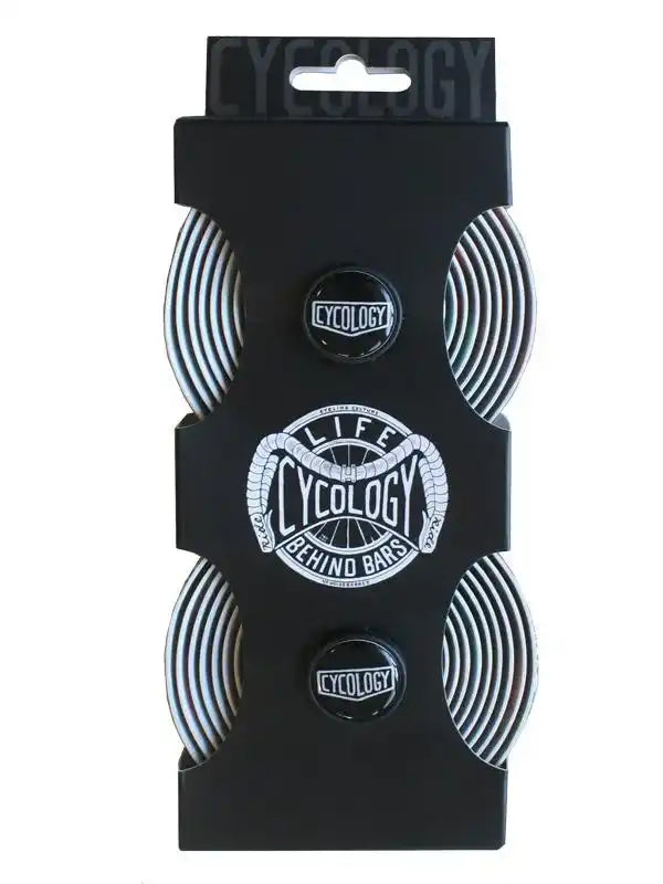 Cycology cycling bar tape with 'Life Behind Bars' design, black packaging, premium grip