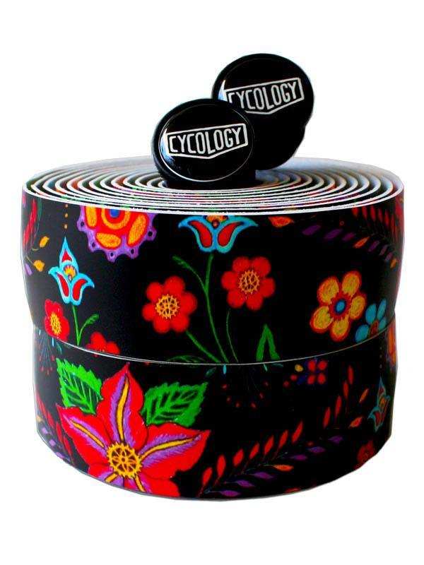 Vibrant floral cycling handlebar tape with black base and Cycology logo caps