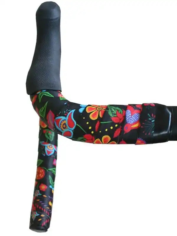 Colorful floral bike handlebar tape with black grip, ideal for cycling comfort and style