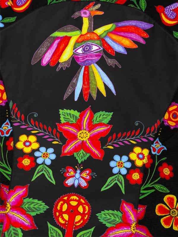 Vibrant embroidered cycling jersey with colorful bird, flowers, and eye design on black fabric