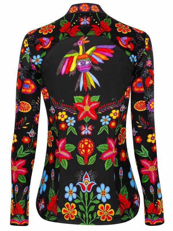 Women's cycling jersey with vibrant floral and bird print on black, long sleeves, unique design
