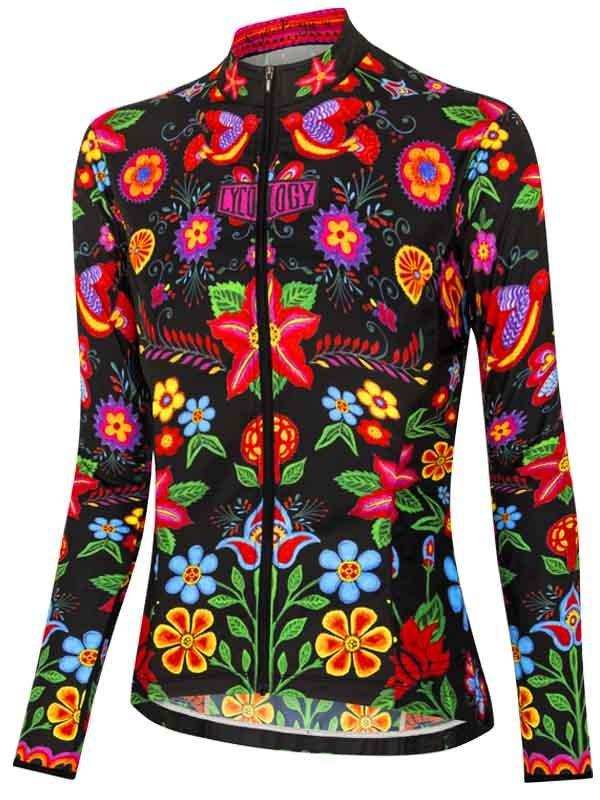 Women's long sleeve cycling jersey with vibrant floral print, full zip, and ergonomic fit for road biking