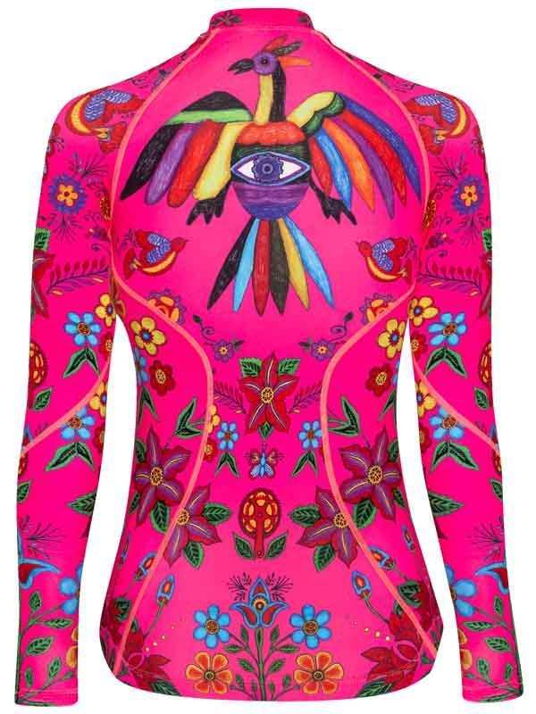 Vibrant pink women's cycling jersey with colorful floral and bird print, long sleeves, high neck