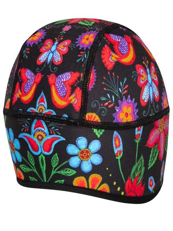 Colorful floral and butterfly print cycling cap for men and women, vibrant design on black fabric
