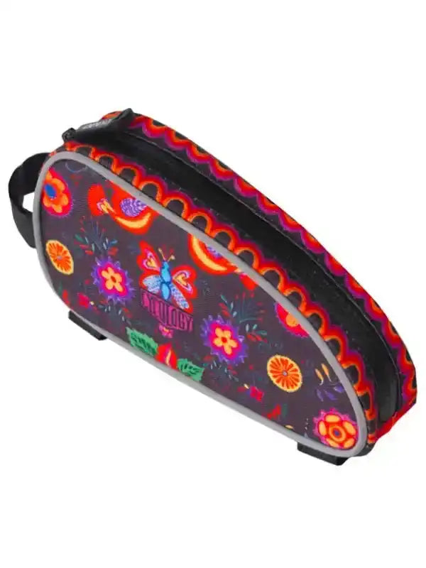 Colorful floral and butterfly patterned cycling saddle bag with reflective trim for bike storage