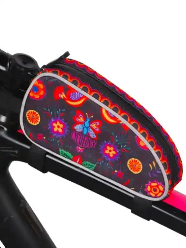 Colorful floral and butterfly patterned bike frame bag with reflective trim for cycling gear storage