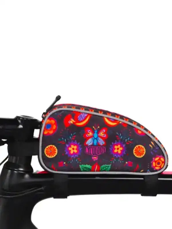 Colorful floral and butterfly patterned bike frame bag for cycling adventures