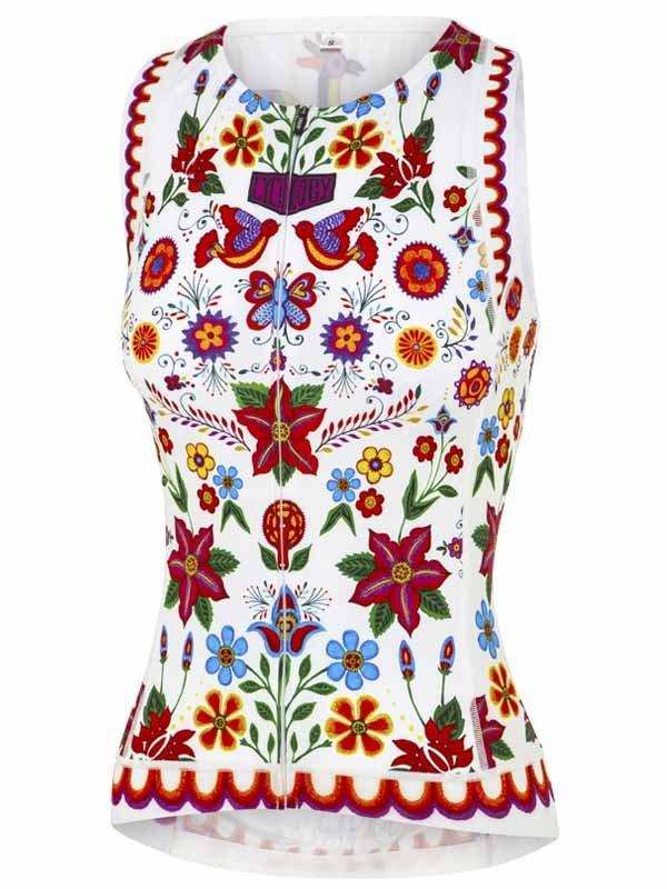 Women's floral cycling jersey with vibrant folk print, colorful flowers, and scalloped hem for road rides