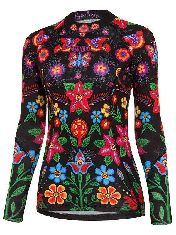 Women's long sleeve cycling jersey with vibrant floral and bird print on black, ideal for road biking.
