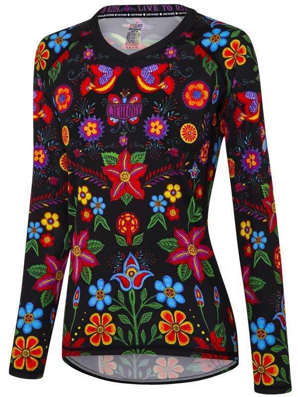 Women's long sleeve cycling jersey with vibrant floral and bird print on black background