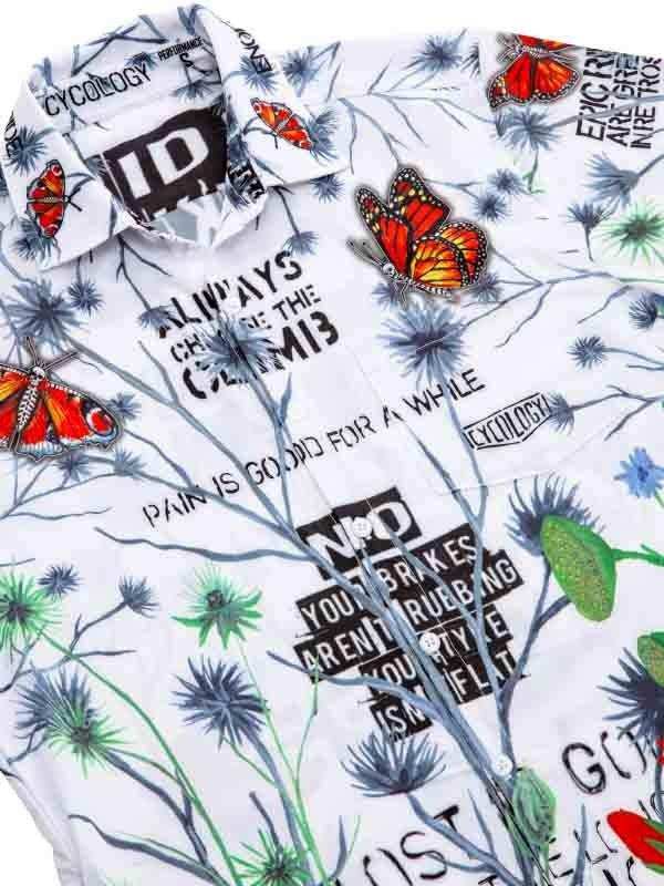Men's cycling shirt with butterfly and floral print, bold text graphics, lightweight performance fabric