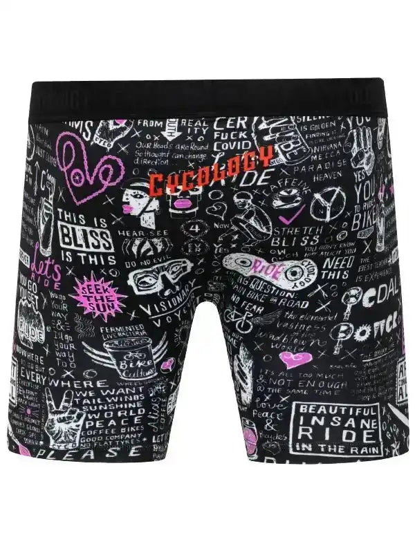 Black cycling shorts with colorful graffiti-style print, featuring cycling phrases and peace symbols for men's bike wear.