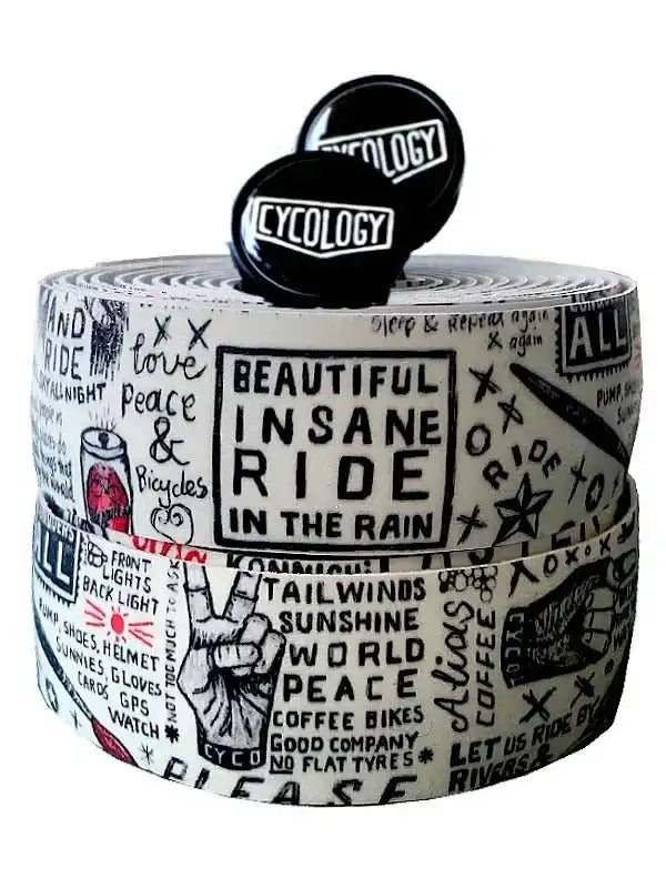 Cycling handlebar tape with bold 'Beautiful Insane Ride' print, peace signs, and bike-themed graphics for road cyclists.