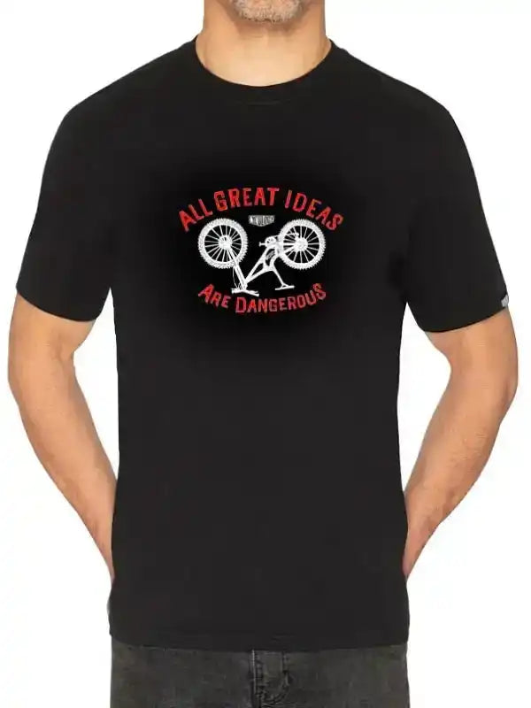 Men's black cycling t-shirt with 'All Great Ideas Are Dangerous' graphic and bike design