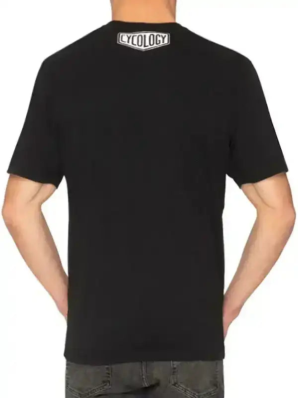 Black men's cycling t-shirt with small white Cycology logo on back, casual fit for bike rides