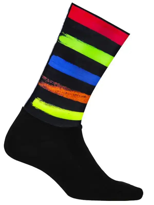Black cycling sock with vibrant neon stripe design for men and women