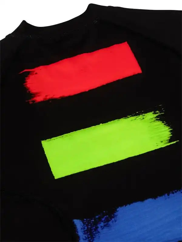 Black cycling jersey with bold red, neon green, and blue brushstroke design for men and women