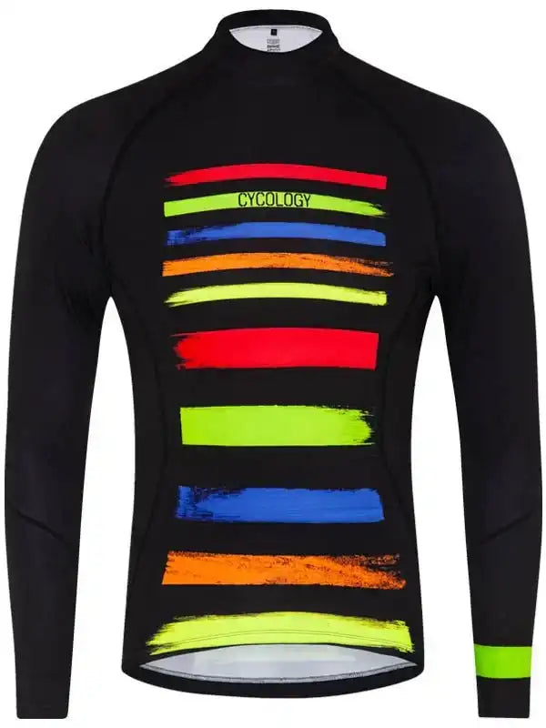 Men's long sleeve cycling jersey with colorful brushstroke stripes and reflective details for road biking