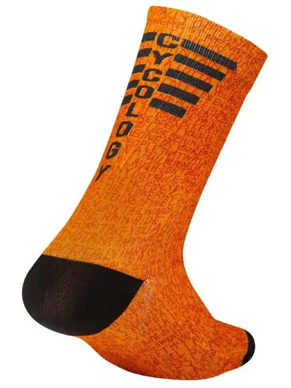 Orange cycling sock with black toe and 'CYCOLOGY' branding, designed for performance and comfort.