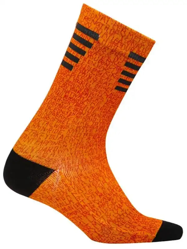 Orange cycling sock with black stripes and text pattern, designed for men's and women's bike rides