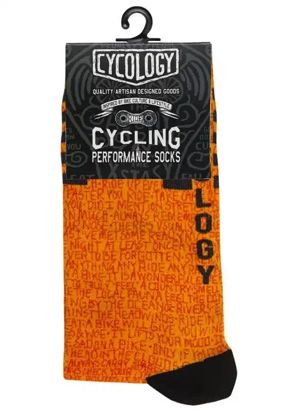 Orange cycling performance socks with text print, black toe, and Cycology branding on packaging