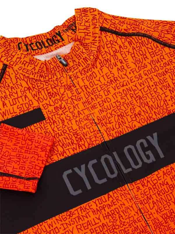 Orange cycling jersey with bold text print and black accents, featuring 'CYCOLOGY' branding on chest.