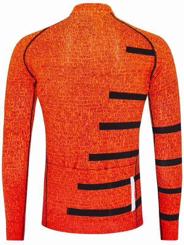 Orange long-sleeve cycling jersey with text print and black panels, designed for men's or women's road biking