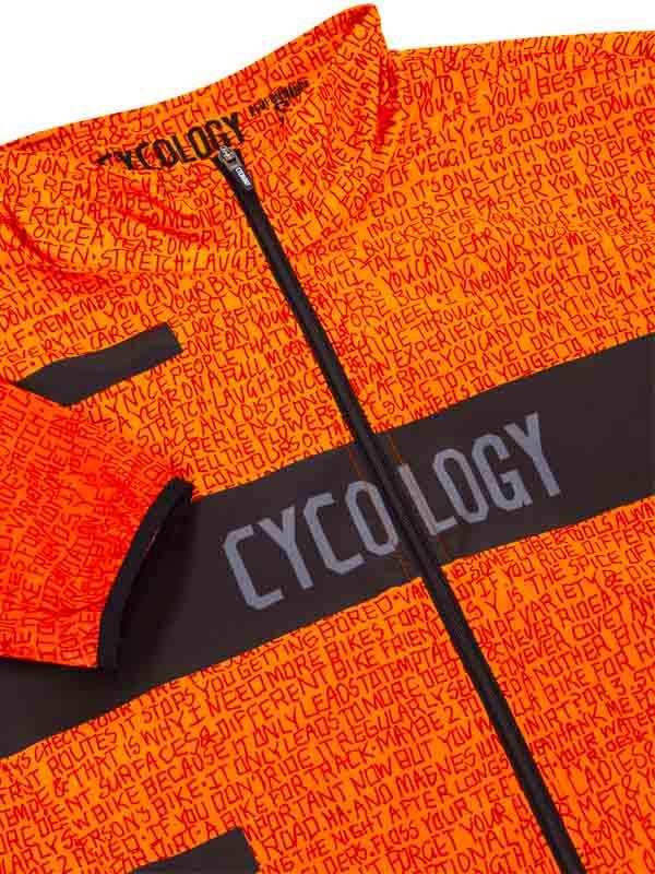 Vibrant orange cycling jersey with bold text print and black accents, designed for performance and style.