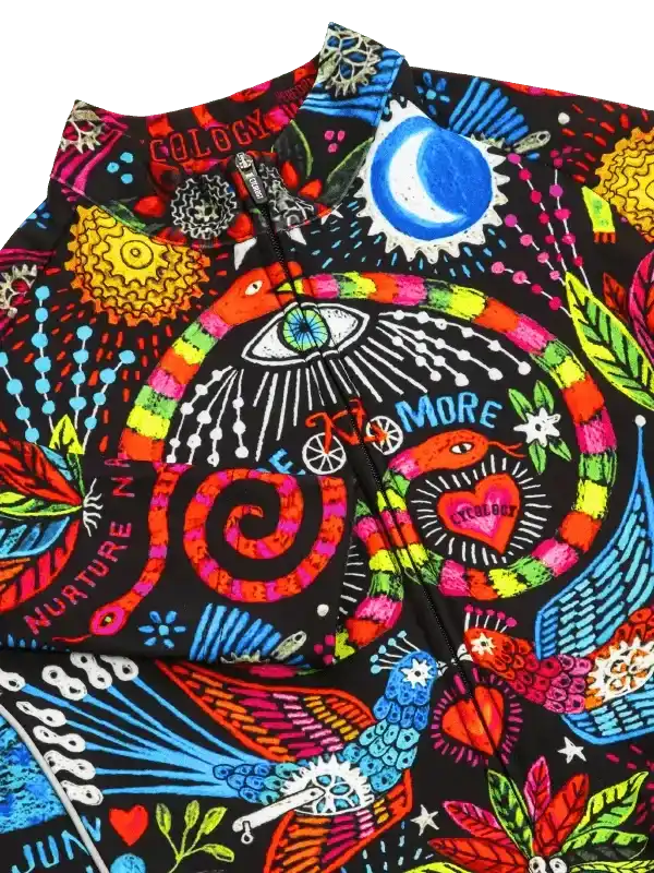 Vibrant psychedelic cycling jersey with colorful snakes, eyes, and moon design on black fabric