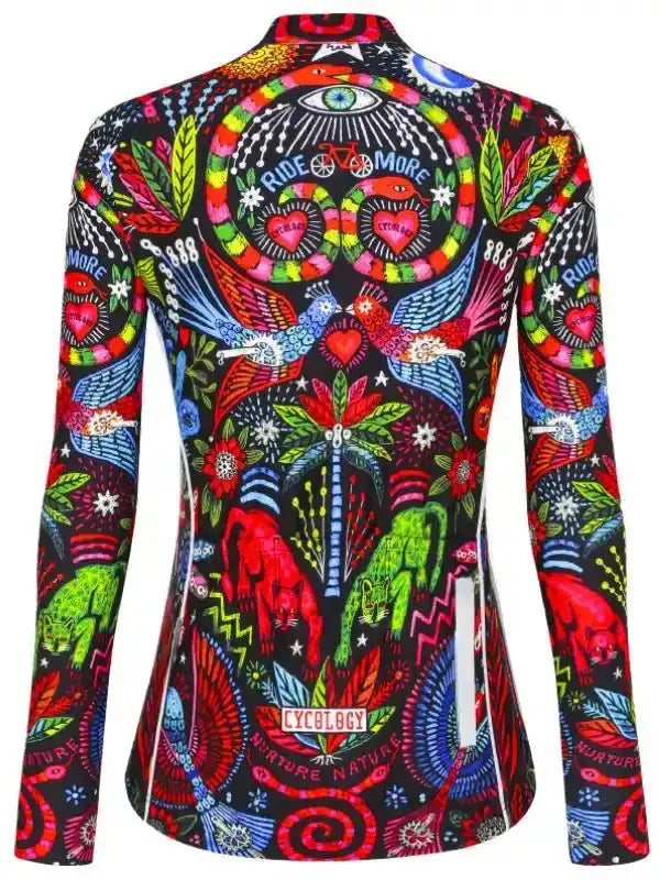 Vibrant women's cycling jersey with psychedelic nature and bike graphics, long sleeves, reflective details