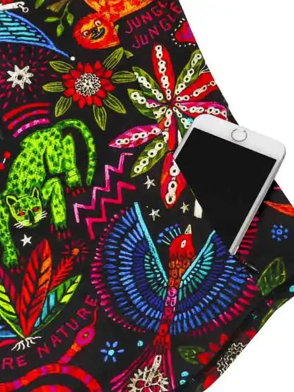 Vibrant jungle-themed cycling jersey with bold animal prints and phone pocket