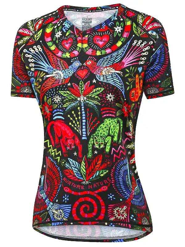 Women's cycling jersey with vibrant nature and animal print, colorful tropical design for road biking