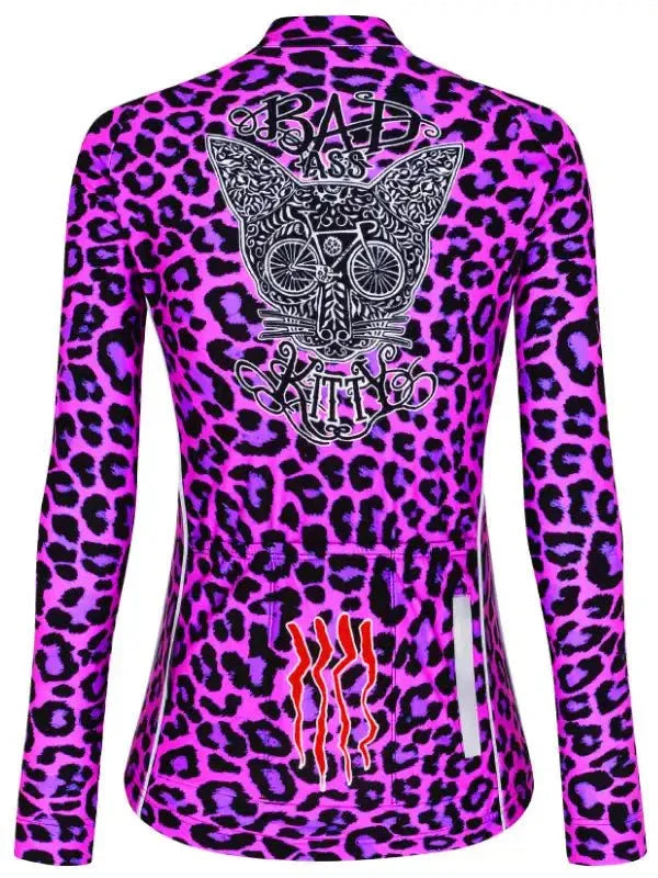 Women's cycling jersey with pink leopard print, 'Bad Ass Kitty' graphic, and reflective details
