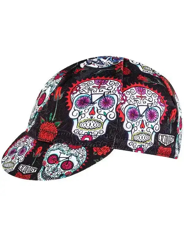 Cycling cap with colorful sugar skull and rose pattern, ideal for men and women cyclists
